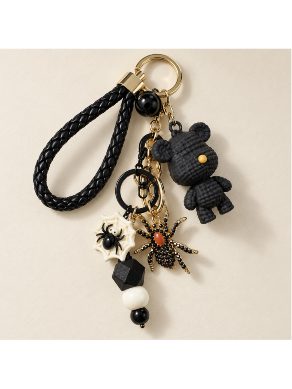 Gothic Spider Teddy Bear Bag Charm Keychain | Black Beaded Wristlet